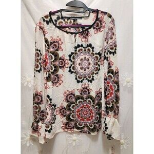 Sharagano Womens XL Cream Mandala Blouse Long Sleeve Ornate Paisley Boho Sheer